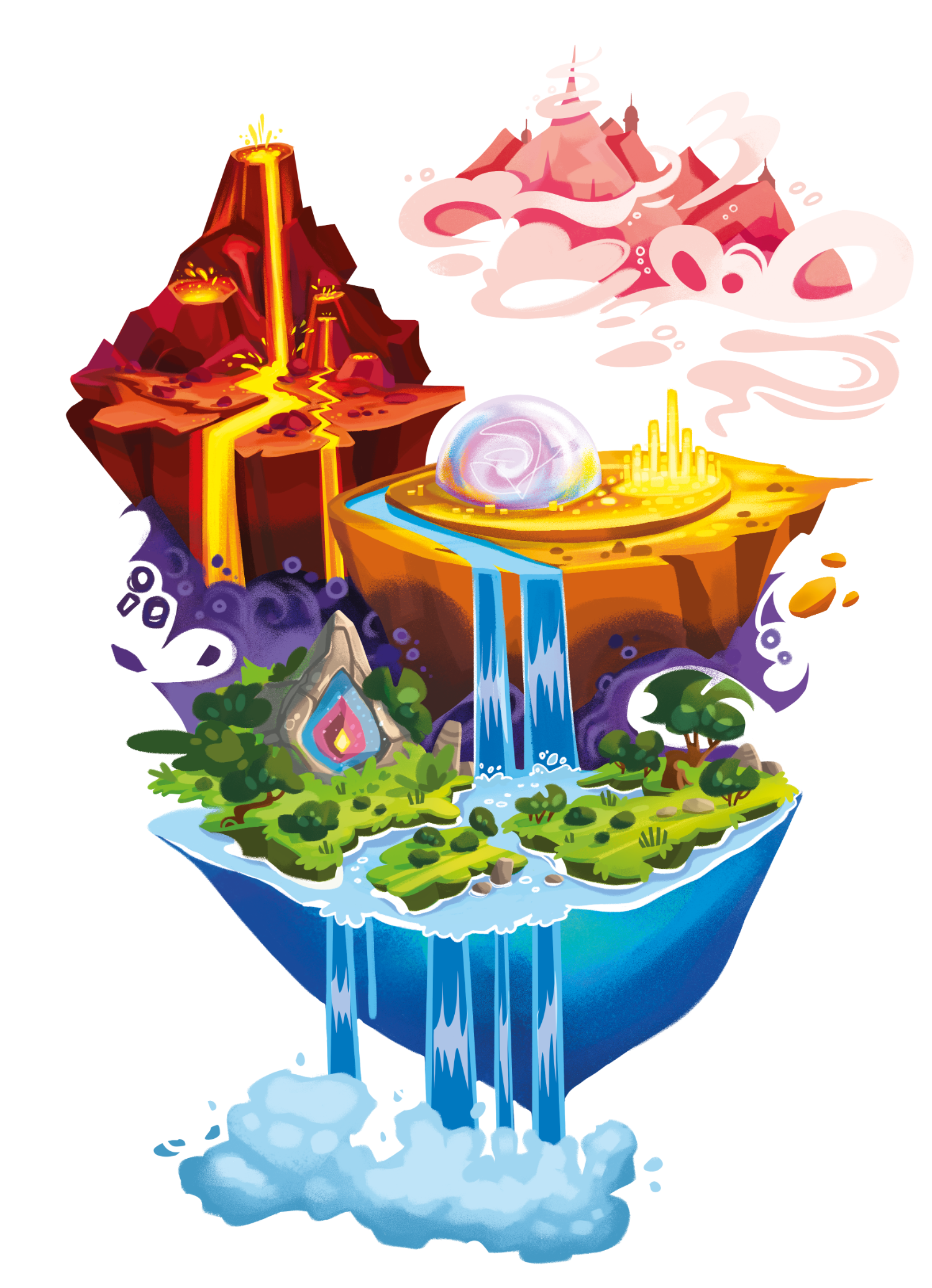 Map of the MYSTORiQ realm — six floating Elemental Academies powered by Glimmer energy