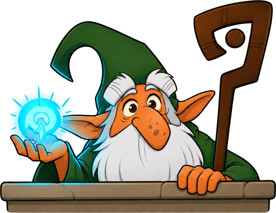 The Goblin Narrator of PRISMBREAK peering through a window, ink and color character art